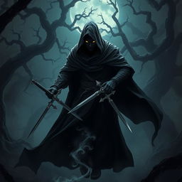 A shadow warrior emerging from the darkness, cloaked in a billowing dark robe that blends seamlessly with the surrounding shadows