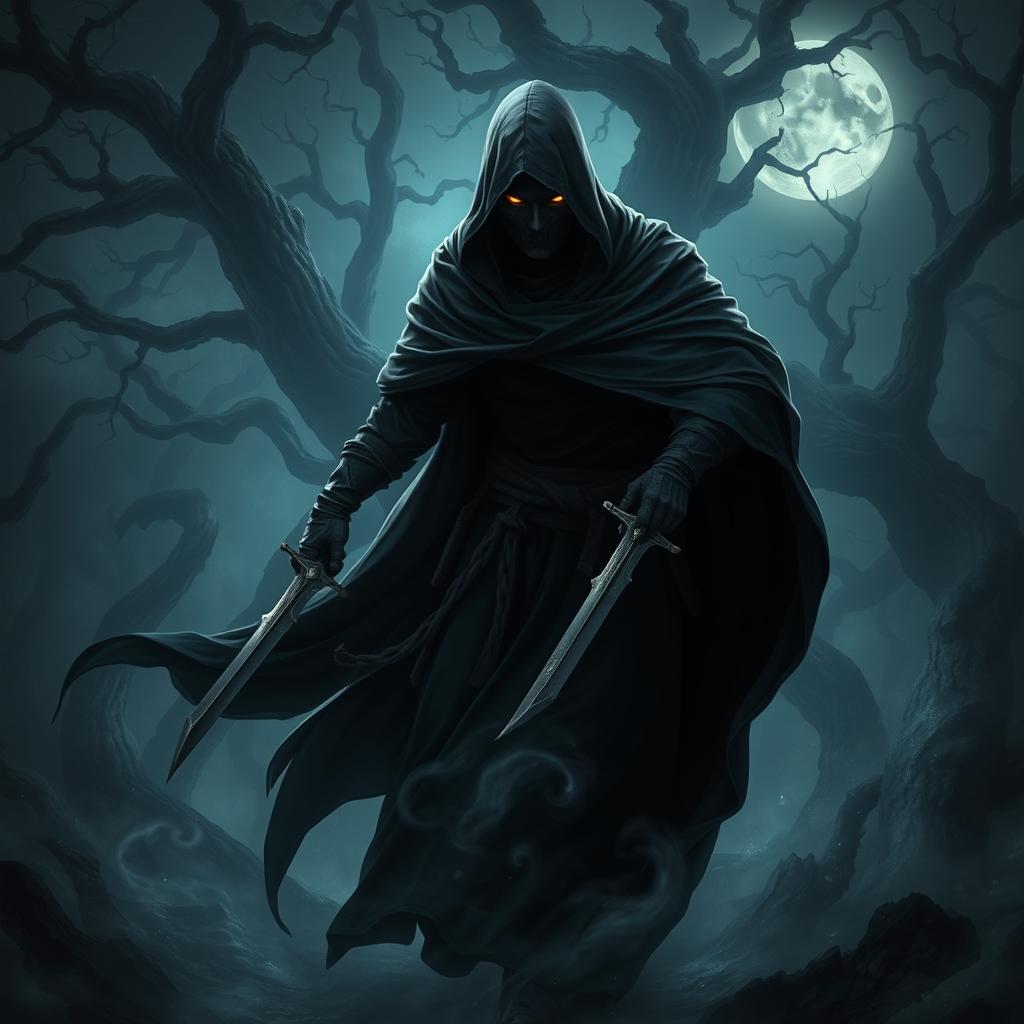 A shadow warrior emerging from the darkness, cloaked in a billowing dark robe that blends seamlessly with the surrounding shadows