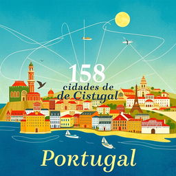 An eye-catching book cover design featuring 158 cities in Portugal, skillfully illustrated in a captivating collage style