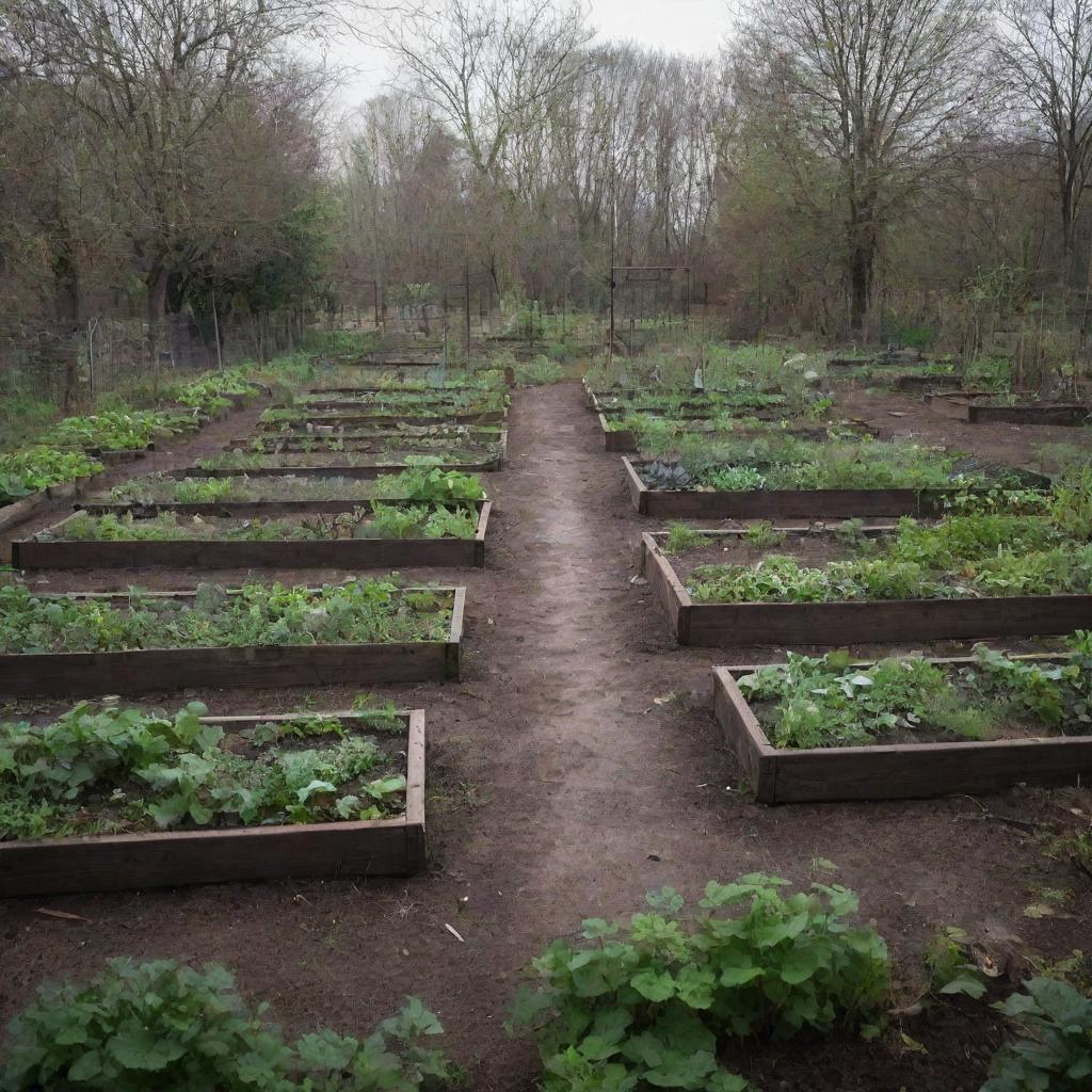 A desolate community garden in an eerie, abandoned environment. It's inhabitants possessing hollow eyes, emanating a deeply grim atmosphere.