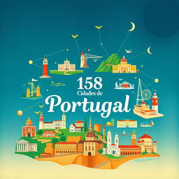 An eye-catching book cover design featuring 158 cities in Portugal, skillfully illustrated in a captivating collage style