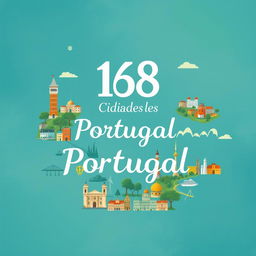 An eye-catching book cover design featuring 158 cities in Portugal, skillfully illustrated in a captivating collage style