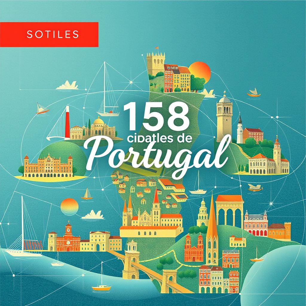 An eye-catching book cover design featuring 158 cities in Portugal, skillfully illustrated in a captivating collage style