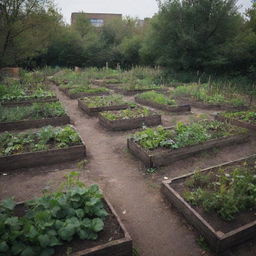 A desolate community garden in an eerie, abandoned environment. It's inhabitants possessing hollow eyes, emanating a deeply grim atmosphere.