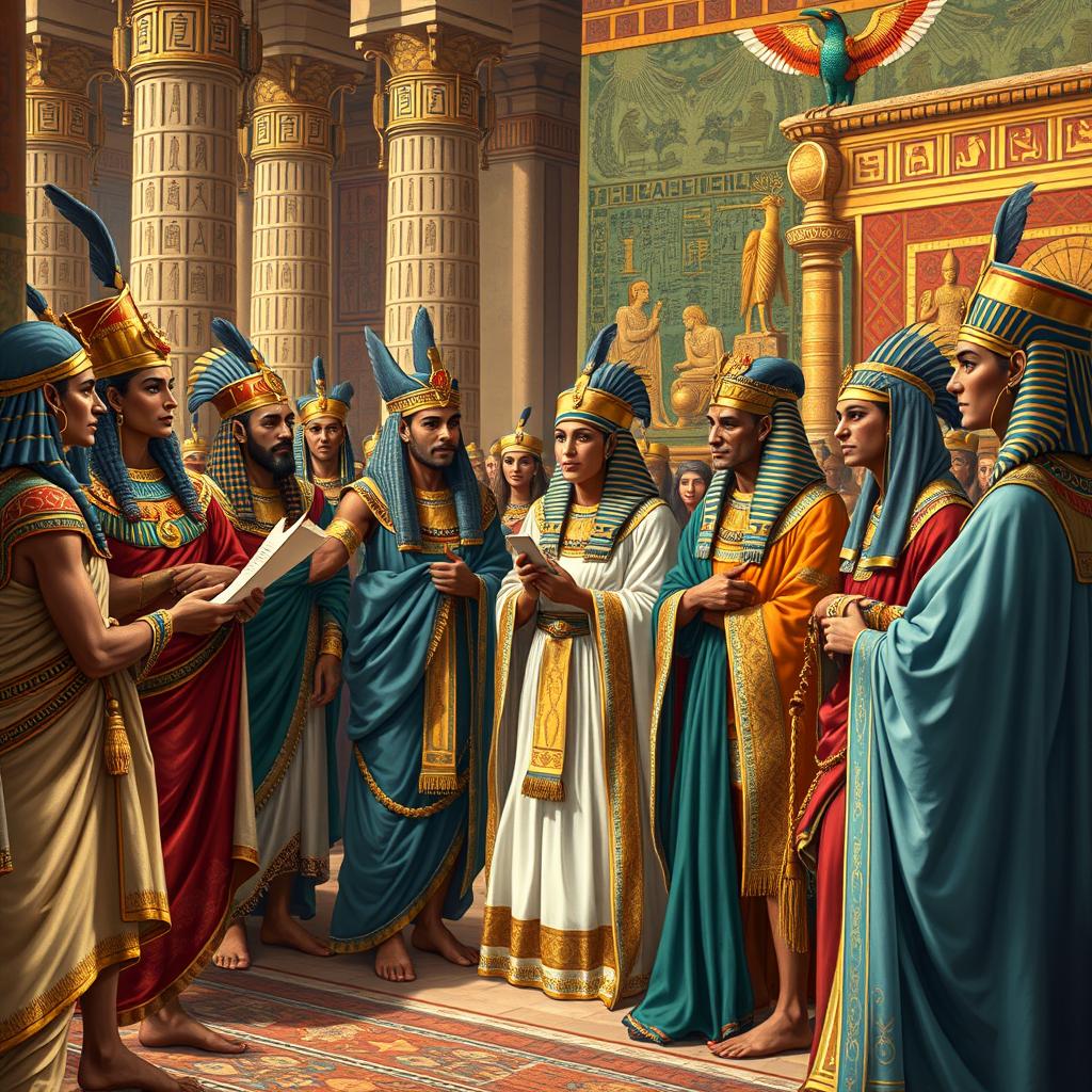 A detailed depiction of the nobles and dignitaries of an ancient Egyptian pharaoh, gathered in a lavish palace setting