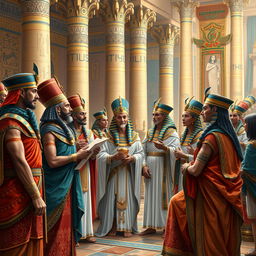 A detailed depiction of the nobles and dignitaries of an ancient Egyptian pharaoh, gathered in a lavish palace setting