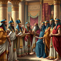 A detailed depiction of the nobles and dignitaries of an ancient Egyptian pharaoh, gathered in a lavish palace setting