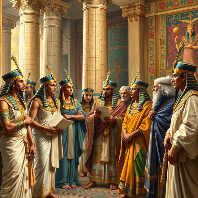 A detailed depiction of the nobles and dignitaries of an ancient Egyptian pharaoh, gathered in a lavish palace setting