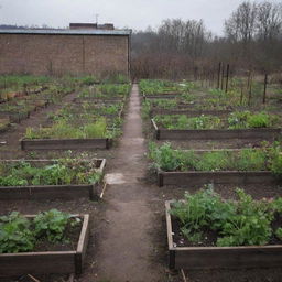 A desolate community garden in an eerie, abandoned environment. It's inhabitants possessing hollow eyes, emanating a deeply grim atmosphere.