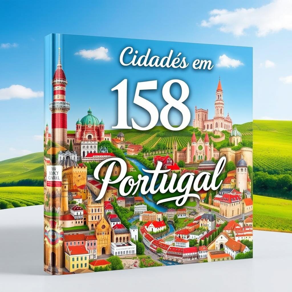 A large, intricate book cover featuring a stunning collage of 158 cities in Portugal, showcasing their unique architecture, culture, and landscapes