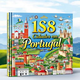 A large, intricate book cover featuring a stunning collage of 158 cities in Portugal, showcasing their unique architecture, culture, and landscapes