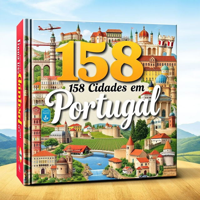 A large, intricate book cover featuring a stunning collage of 158 cities in Portugal, showcasing their unique architecture, culture, and landscapes