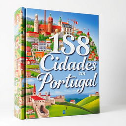 A large, intricate book cover featuring a stunning collage of 158 cities in Portugal, showcasing their unique architecture, culture, and landscapes