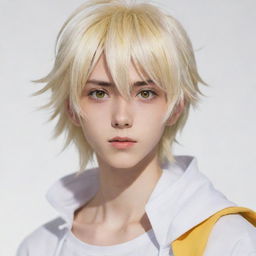 An anime-style slim teen boy with an unworldly beauty, featuring long tail-back hair in hues of blonde and white. His animated character is complemented by unique heterochromatic eyes, one yellow and the other white.