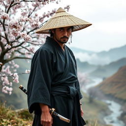 A skilled Japanese Ronin standing on a serene, misty hillside, surrounded by cherry blossom trees in full bloom