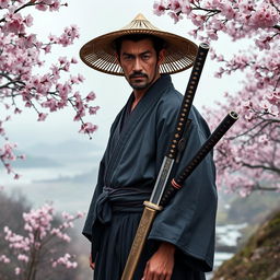 A skilled Japanese Ronin standing on a serene, misty hillside, surrounded by cherry blossom trees in full bloom