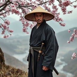 A skilled Japanese Ronin standing on a serene, misty hillside, surrounded by cherry blossom trees in full bloom