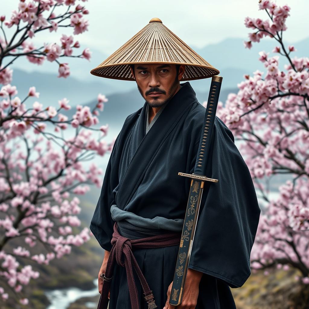 A skilled Japanese Ronin standing on a serene, misty hillside, surrounded by cherry blossom trees in full bloom