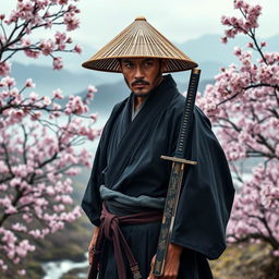 A skilled Japanese Ronin standing on a serene, misty hillside, surrounded by cherry blossom trees in full bloom