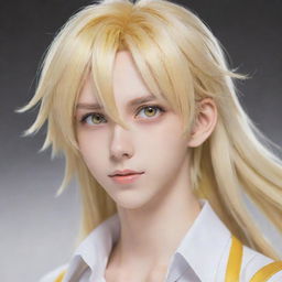 An anime-style slim teen boy with an unworldly beauty, featuring long tail-back hair in hues of blonde and white. His animated character is complemented by unique heterochromatic eyes, one yellow and the other white.