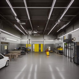 An interior design for a car detailing business, showcasing an efficient layout with cleaning equipment, comfortable waiting area, and industrial aesthetics.