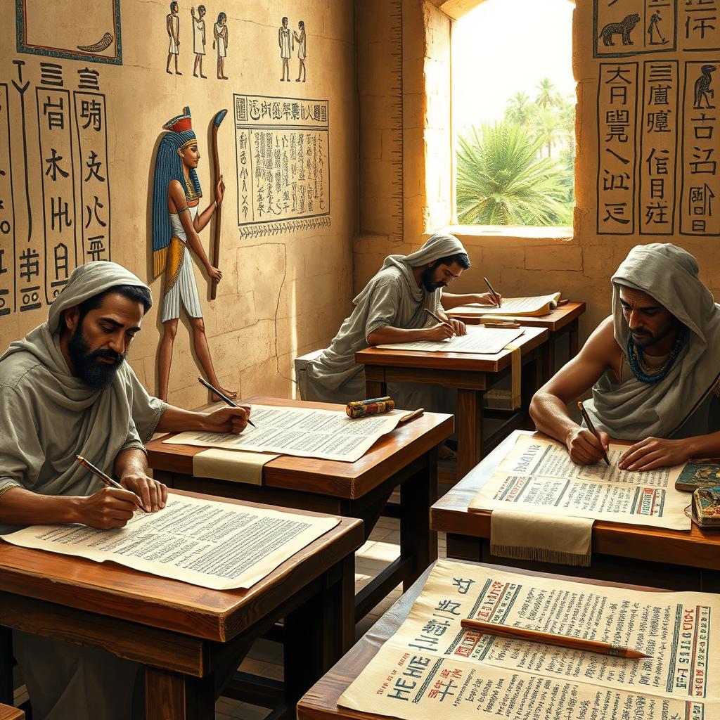 A detailed portrayal of ancient Egyptian scribes engaged in their work