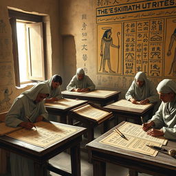 A detailed portrayal of ancient Egyptian scribes engaged in their work