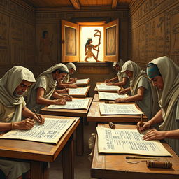 A detailed portrayal of ancient Egyptian scribes engaged in their work