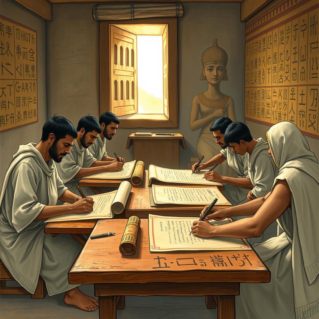 A detailed portrayal of ancient Egyptian scribes engaged in their work