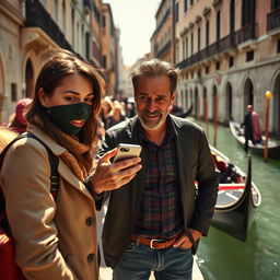 A dramatic street scene in Venice featuring a pickpocket stealthily stealing a smartphone from a distracted tourist