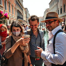 A dramatic street scene in Venice featuring a pickpocket stealthily stealing a smartphone from a distracted tourist