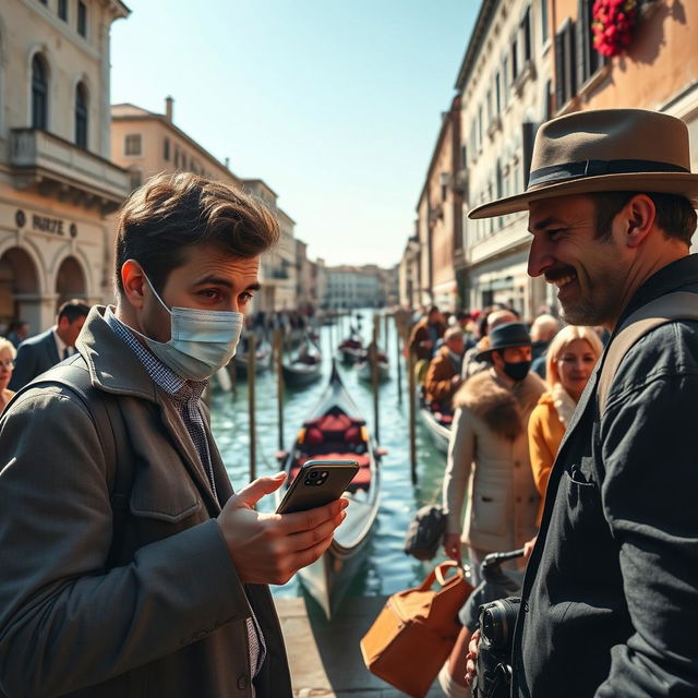 A dramatic street scene in Venice featuring a pickpocket stealthily stealing a smartphone from a distracted tourist