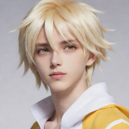 An anime-style slim teen boy with an unworldly beauty, featuring long tail-back hair in hues of blonde and white. His animated character is complemented by unique heterochromatic eyes, one yellow and the other white.