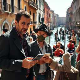 A dramatic street scene in Venice featuring a pickpocket stealthily stealing a smartphone from a distracted tourist