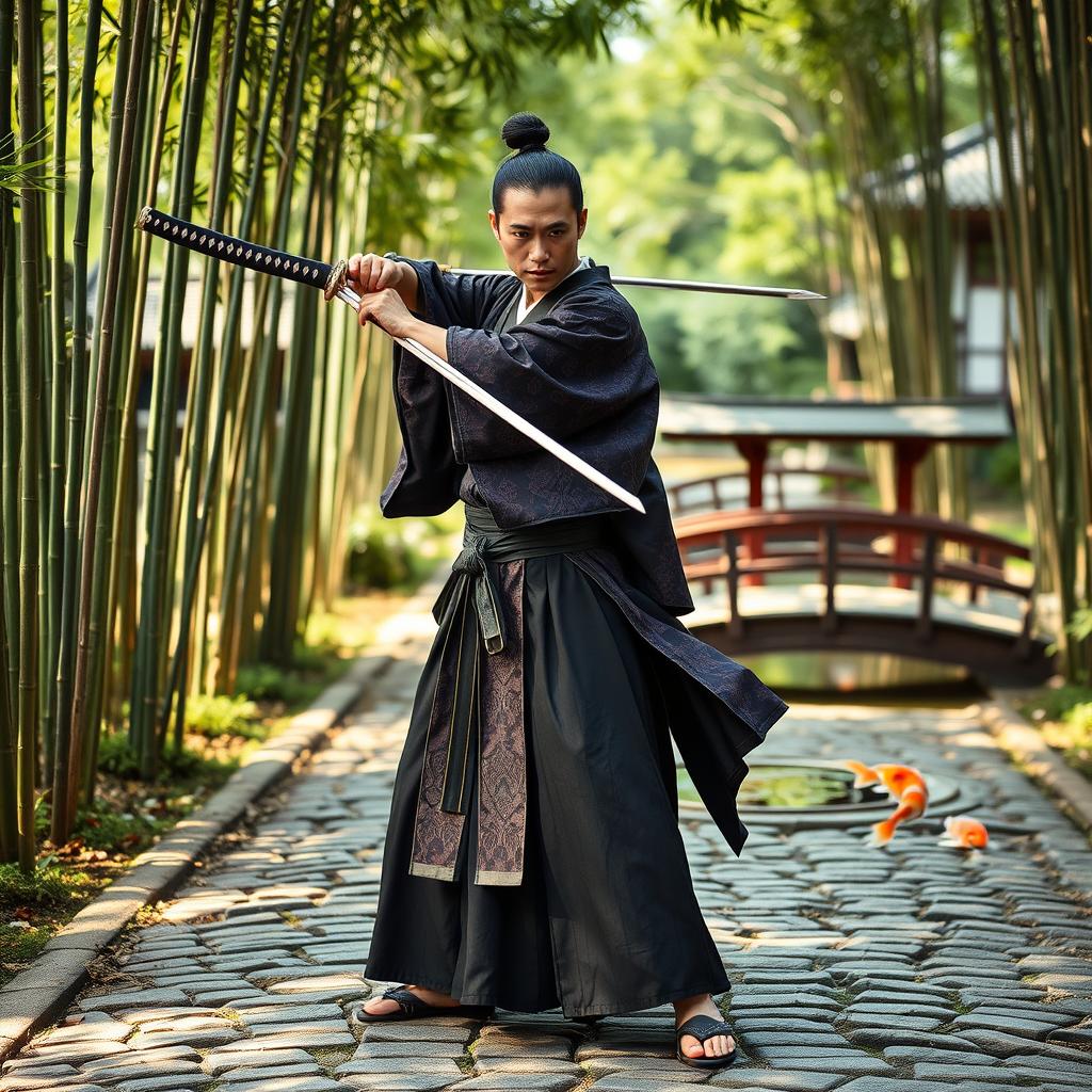 A Japanese Ronin poised elegantly with a katana drawn, standing on a cobblestone path lined with bamboo trees