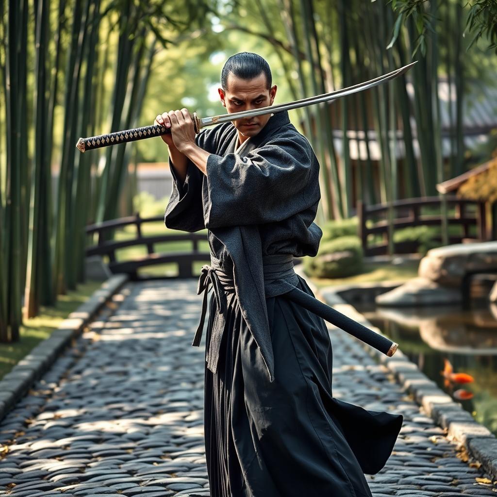 A Japanese Ronin poised elegantly with a katana drawn, standing on a cobblestone path lined with bamboo trees