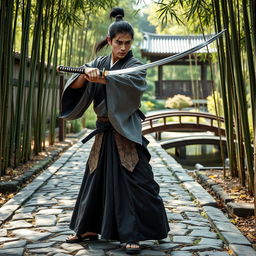 A Japanese Ronin poised elegantly with a katana drawn, standing on a cobblestone path lined with bamboo trees