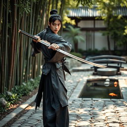 A Japanese Ronin poised elegantly with a katana drawn, standing on a cobblestone path lined with bamboo trees