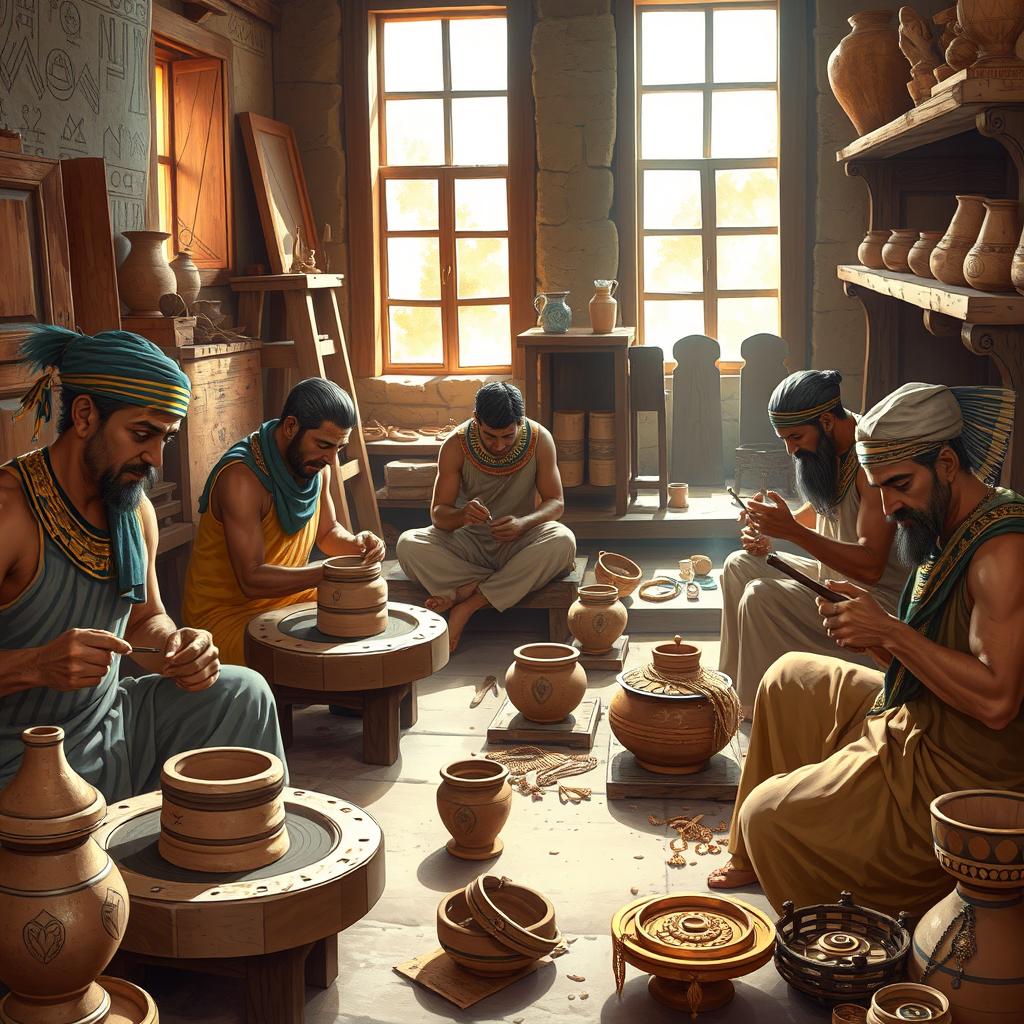 A vibrant portrayal of ancient Egyptian craftsmen at work in their workshops