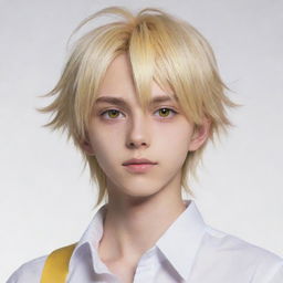 An anime-style slim teen boy with an unworldly beauty, featuring long tail-back hair in hues of blonde and white. His animated character is complemented by unique heterochromatic eyes, one yellow and the other white.