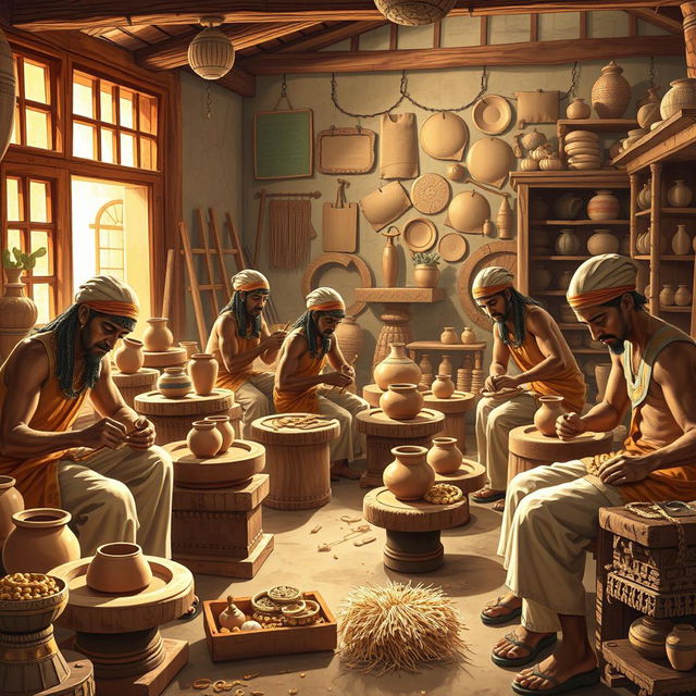 A vibrant portrayal of ancient Egyptian craftsmen at work in their workshops