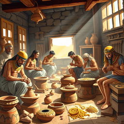 A vibrant portrayal of ancient Egyptian craftsmen at work in their workshops