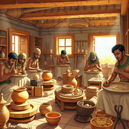 A vibrant portrayal of ancient Egyptian craftsmen at work in their workshops