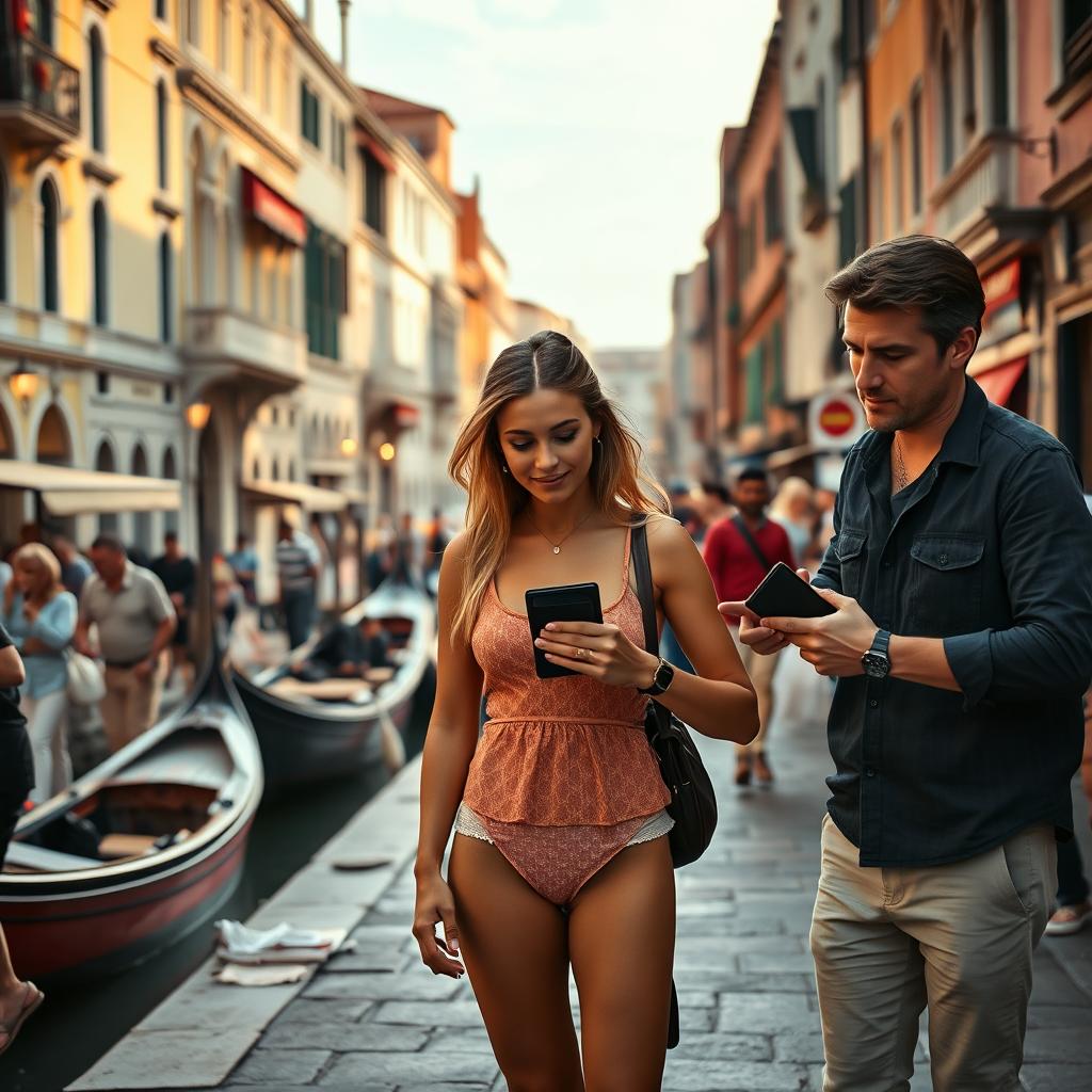 A captivating street scene in Venice showcasing a pickpocket discreetly stealing a wallet from a distracted tourist