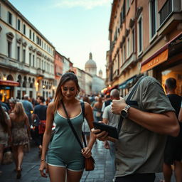 A captivating street scene in Venice showcasing a pickpocket discreetly stealing a wallet from a distracted tourist