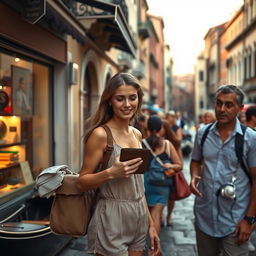 A captivating street scene in Venice showcasing a pickpocket discreetly stealing a wallet from a distracted tourist