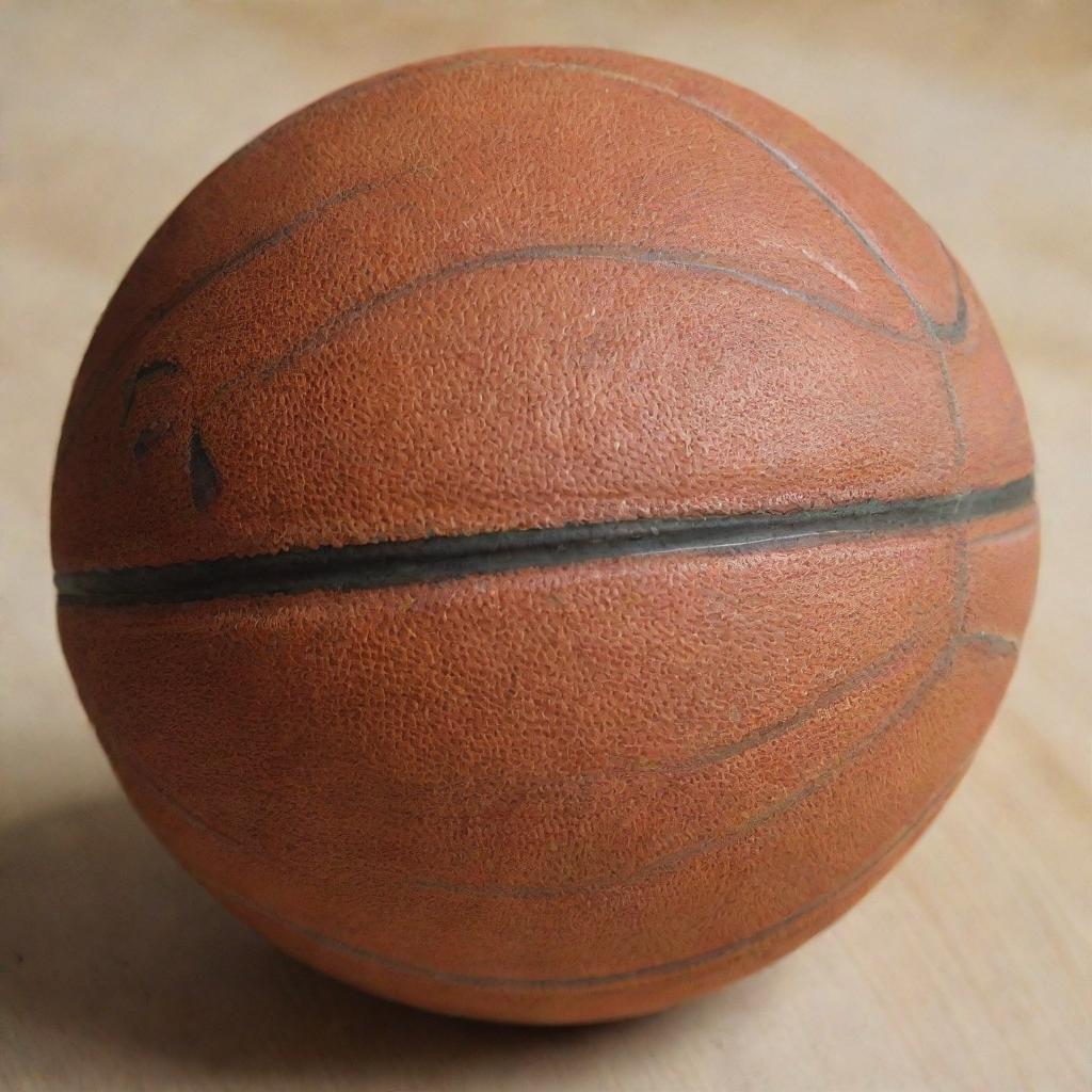 A basketball with a prominent, artistically designed letter 'R' engraved on its surface.