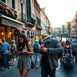 A captivating street scene in Venice showcasing a pickpocket discreetly stealing a wallet from a distracted tourist