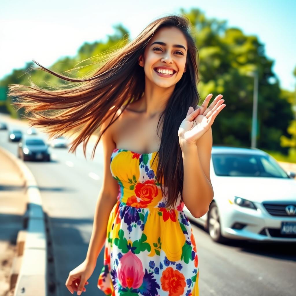 A vibrant scene of a young woman playfully flashing a big smile while standing on the side of a busy highway