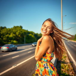 A vibrant scene of a young woman playfully flashing a big smile while standing on the side of a busy highway